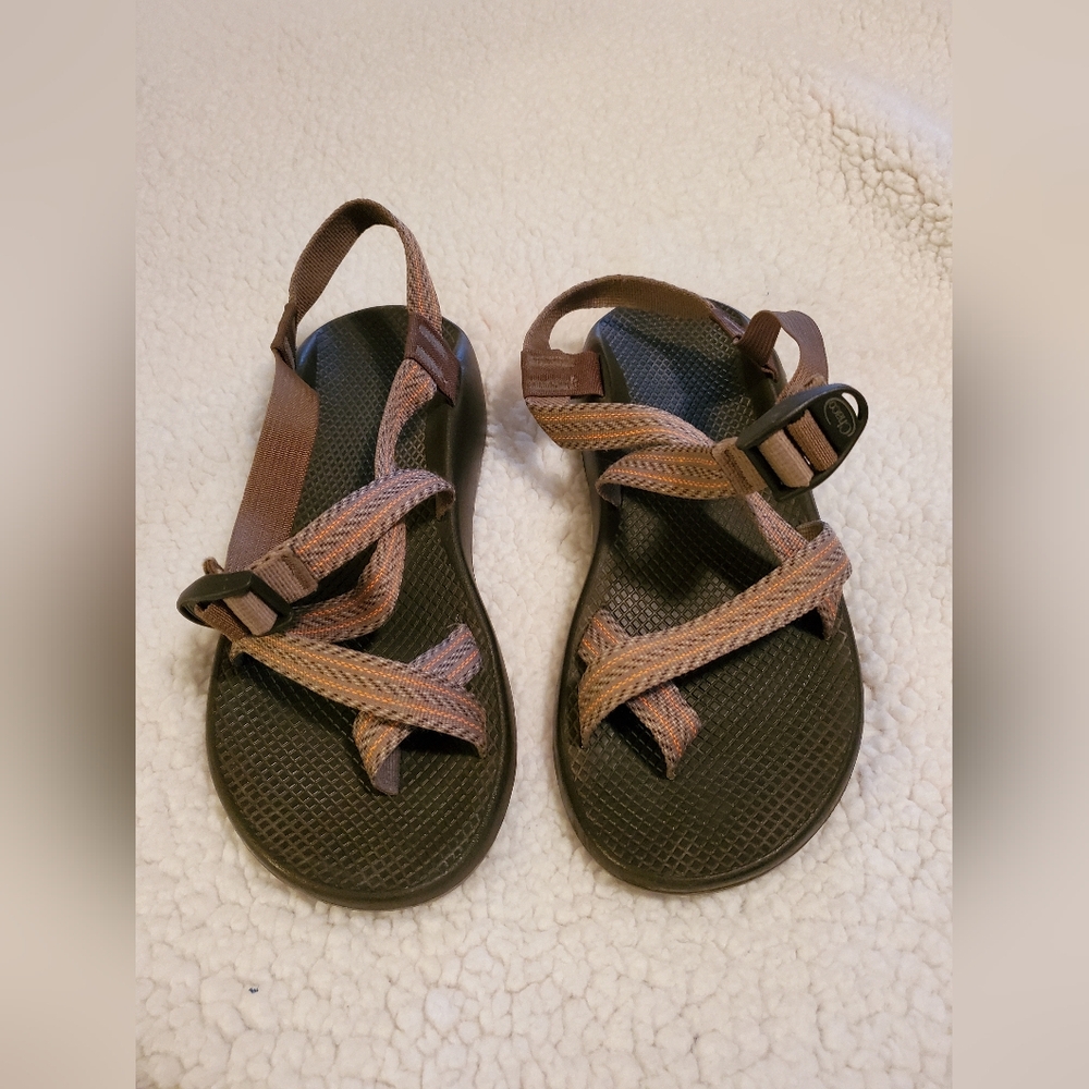 Mens Chaco sandals,  size 10,   Brownish gray with orange stripes.